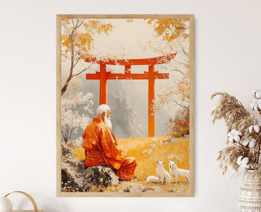 Affiche Inari – Impression Art : Dieu Japonais, Renard, Torii, Sakura