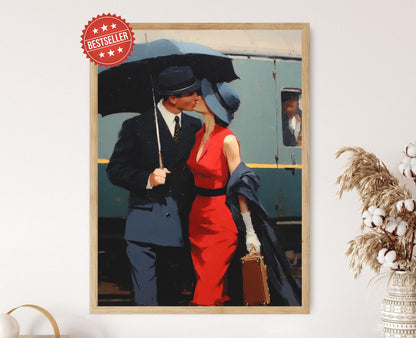 Affiche Vintage Train – Poster Peinture Romantique d'un Couple des Années 50