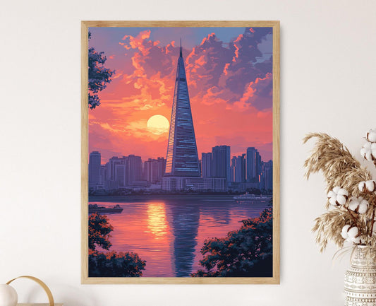 Affiche Pyongyang – Poster de l'Hôtel Ryugyong et Reflet du Couché de Soleil