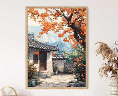 Affiche Maison Hanok Coréenne – Art de Kaesong avec Kaki