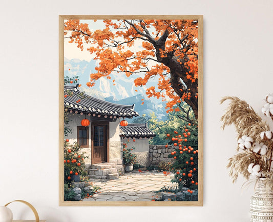 Affiche Maison Hanok Coréenne – Art de Kaesong avec Kaki