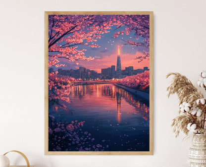 Affiche Pyongyang – Poster de la skyline avec la Tour Juche et cerisiers