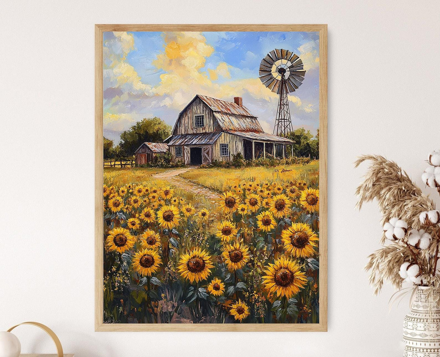 Affiche Ferme du Texas – Poster Champs de Tournesols et Grange Rustique