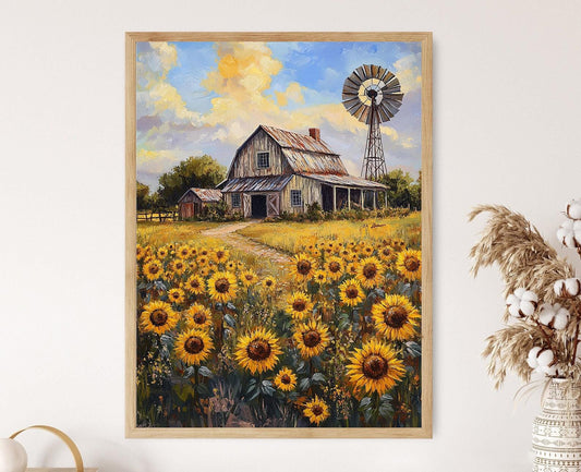 Affiche Ferme du Texas – Poster Champs de Tournesols et Grange Rustique