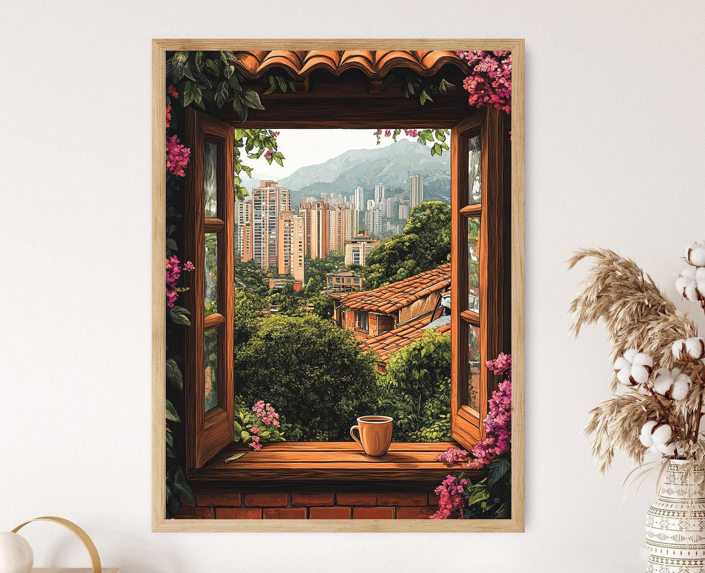 Affiche Medellín – Impression artistique Bougainvilliers et vue Aburrá