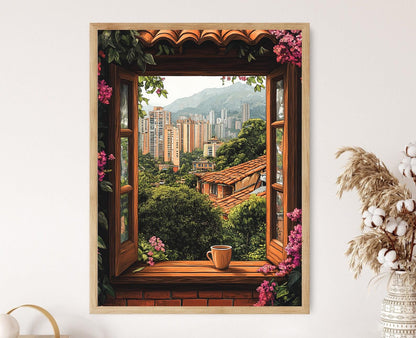 Affiche Medellín – Impression artistique Bougainvilliers et vue Aburrá