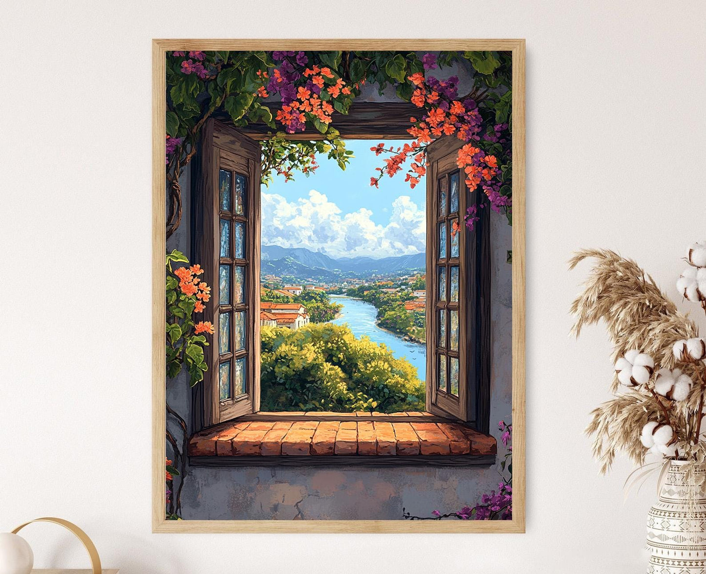 Affiche Barranquilla – Illustration de la fenêtre en bois avec vue sur la Bougainvillée et le fleuve Magdalena