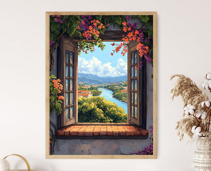 Affiche Barranquilla – Illustration de la fenêtre en bois avec vue sur la Bougainvillée et le fleuve Magdalena