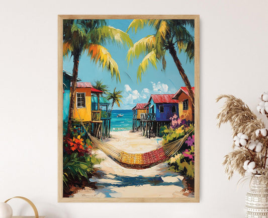 Affiche Belize – Impression Art: Hamac, Maisons sur Pilotis, Vue Mer