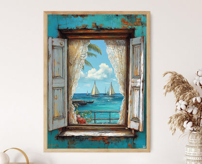 Affiche Belize – Imprimé Art: Fenêtre Turquoise, Rideaux en Dentelle