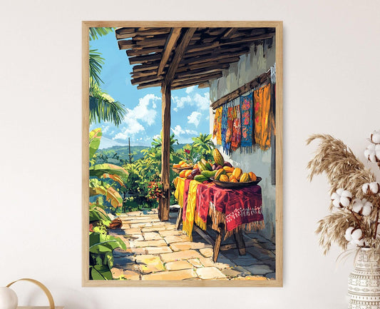 Affiche Belize – Illustration du Marché Orange Walk, Cacao & Canne à Sucre
