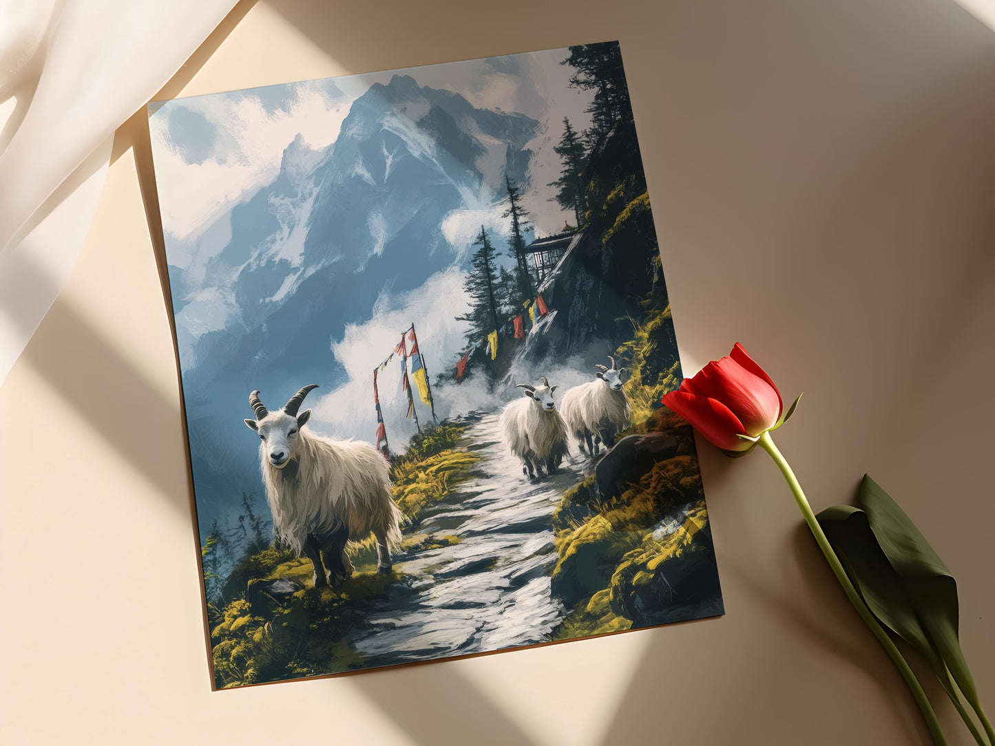 Affiche Sentier des Chèvres du Bhoutan – Poster Forêt Brumeuse et Panneaux de Prière