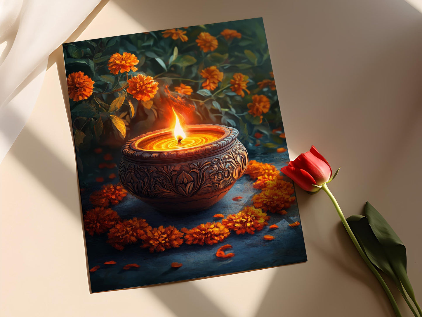 Affiche Diya en Terre – Poster Art traditionnel avec Lampes et Rangoli