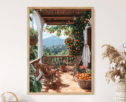 Affiche Terrasse Ensoleillée d'Alajuela – Illustration de Café et Guayabera