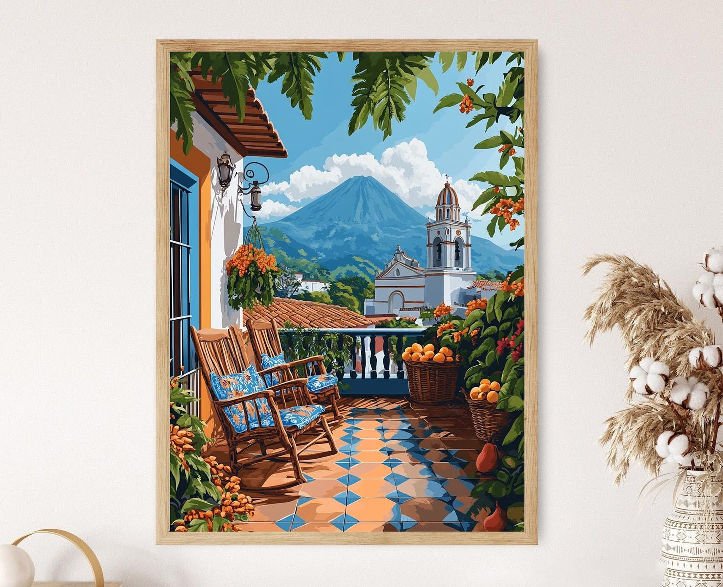 Affiche Terrasse Ensoleillée – Illustration de Casiers à Café et Chemises Brodées