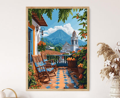 Affiche Terrasse Ensoleillée – Illustration de Casiers à Café et Chemises Brodées