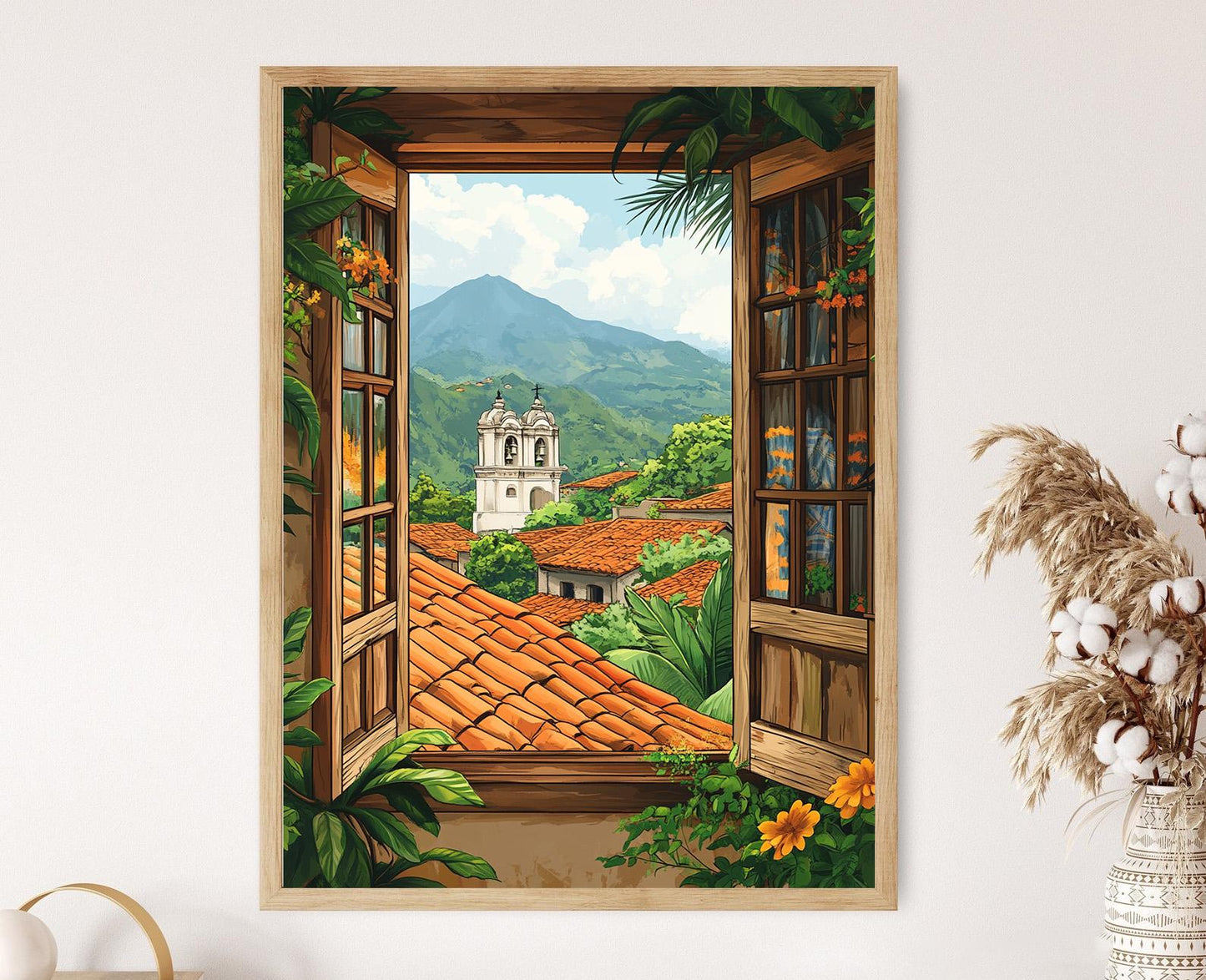 Affiche Rustique Cartago – Illustration Fenêtre, Textiles Chorotega & Volcan Irazú