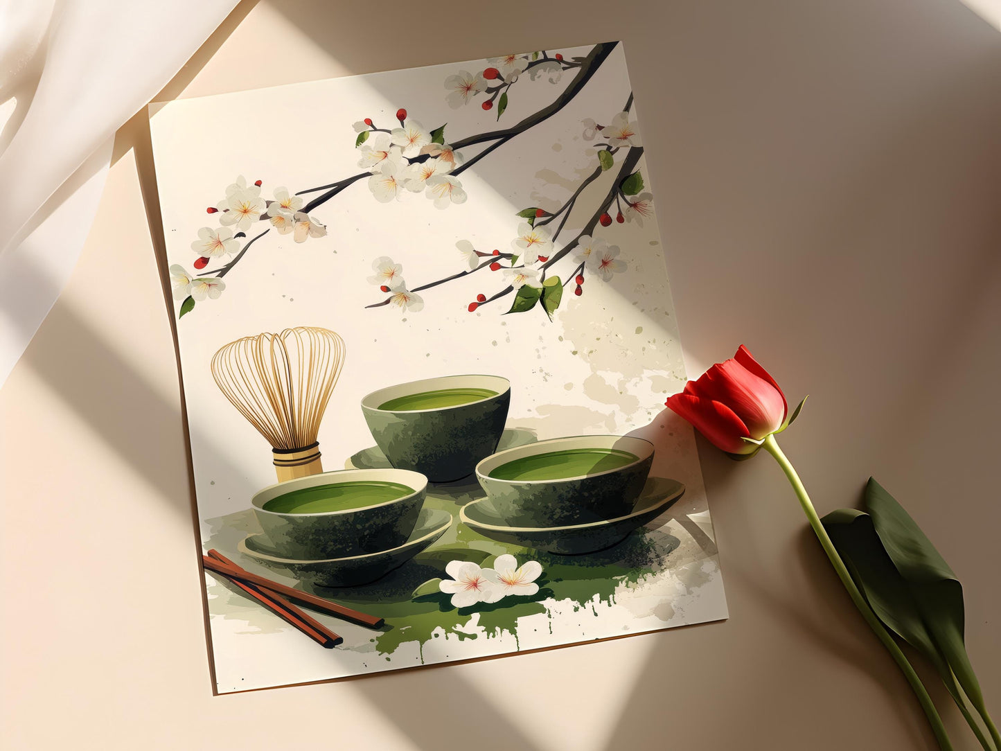 Affiche Thé Matcha Japonais : Art de Cuisine Cerisier en Fleurs