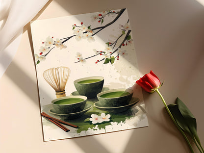 Affiche Thé Matcha Japonais : Art de Cuisine Cerisier en Fleurs