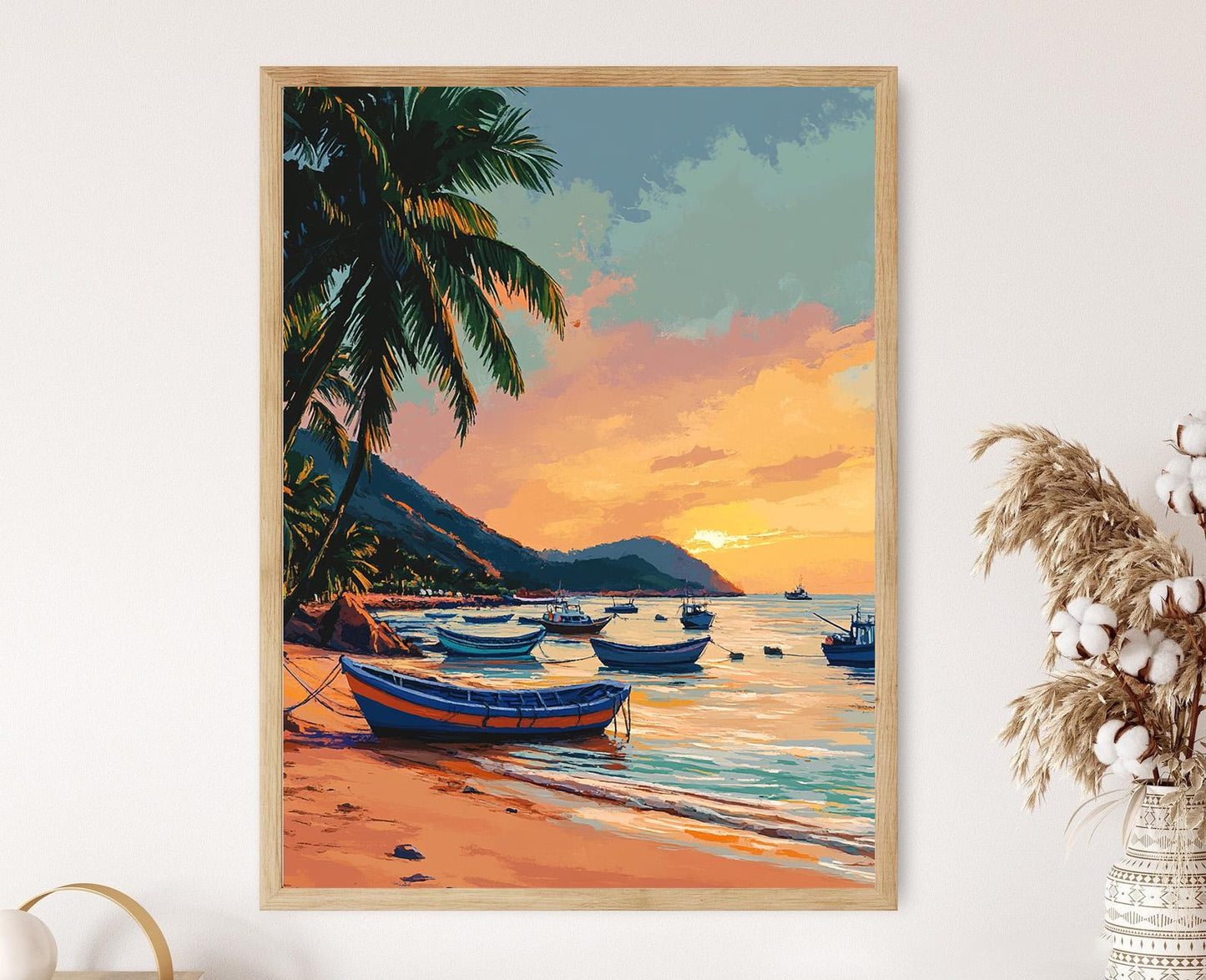Affiche Plage de Vizag – Impression Art : Coucher de soleil côtier, bateaux de pêche & palmiers