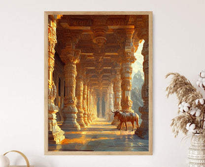 Affiche Temple Lepakshi – Art Andhra, Pilliers Sculptés, Taureau Nandi