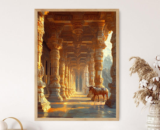 Affiche Temple Lepakshi – Art Andhra, Pilliers Sculptés, Taureau Nandi