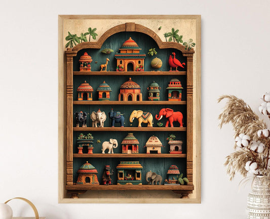 Affiche Jouets Kondapalli – Impression d'art populaire andhra sur étagère rustique