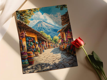 Affiche Marché Guatémaltèque – Poster Art Textiles et Masques Mayas