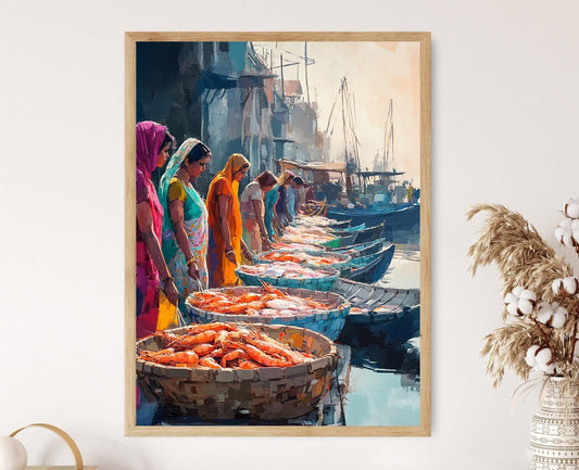 Affiche Marché aux Poissons de Mumbai – Illustration Colorée de Femmes Pêcheuses