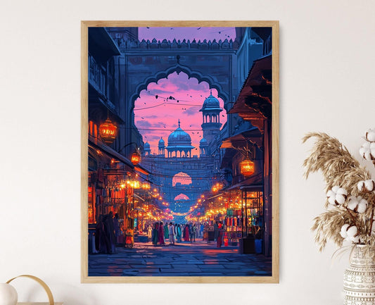 Affiche Meena Bazaar Delhi – Illustration des Arches et Lanternes Mughal