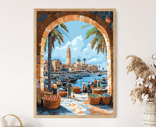 Affiche Marché aux Poissons de Gaza – Illustration Portuaire Côtière