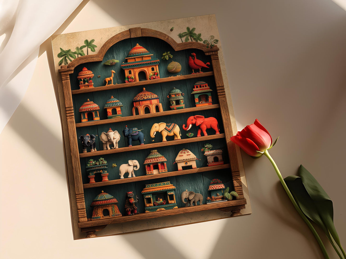 Affiche Jouets Kondapalli – Impression d'art populaire andhra sur étagère rustique