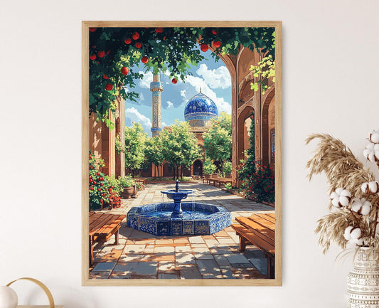 Affiche Cour d'Alhambra – Poster Dôme de mosquée et fontaine en mosaïque