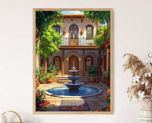 Affiche Kermanshah – Imprimerie d'art avec fontaine et tapis persans