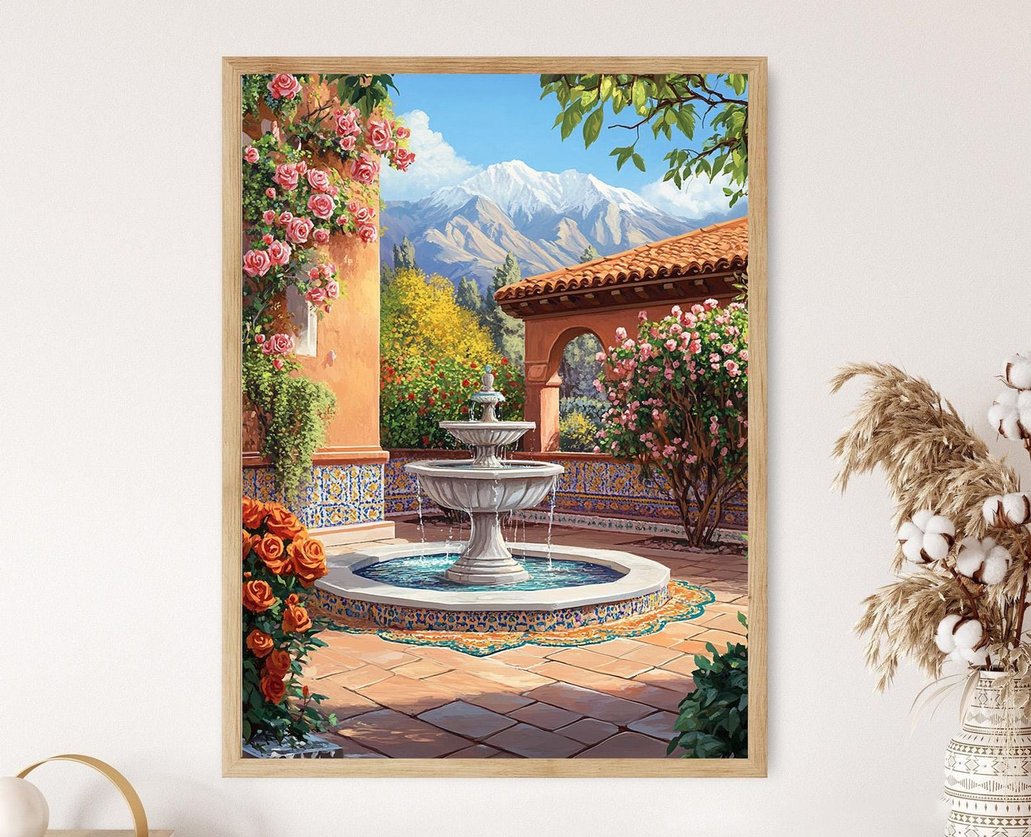 Affiche Cour de Téhéran – Poster Fontaine Persane, Roses, Vue Montagne