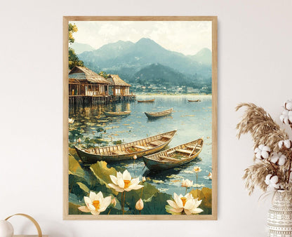 Affiche Lagune de Bandar Anzali – Poster Fleurs de Lotus & Bateaux en Bois