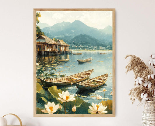 Affiche Lagune de Bandar Anzali – Poster Fleurs de Lotus & Bateaux en Bois