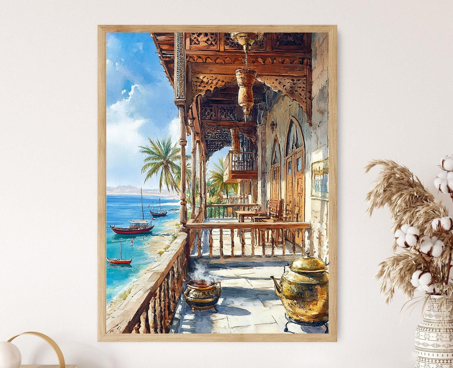 Affiche Maison de Thé de Bushehr – Illustration Scène Côtière du Golfe Persique