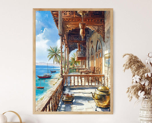 Affiche Maison de Thé de Bushehr – Illustration Scène Côtière du Golfe Persique