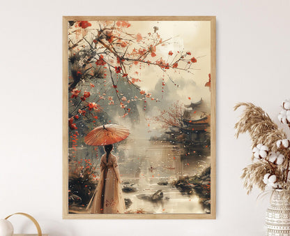 Affiche Femme Coréenne en Hanbok – Poster Scène Fluviale & Cerisiers