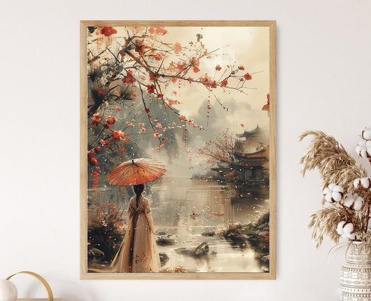Affiche Femme Coréenne en Hanbok – Poster Scène Fluviale & Cerisiers