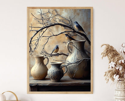 Affiche Nature - Poster Art de la Nature avec Poterie Rustique et Oiseaux