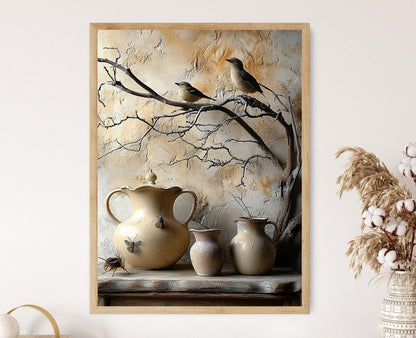Affiche Vase en Céramique – Art Vintage Oiseaux et Branches