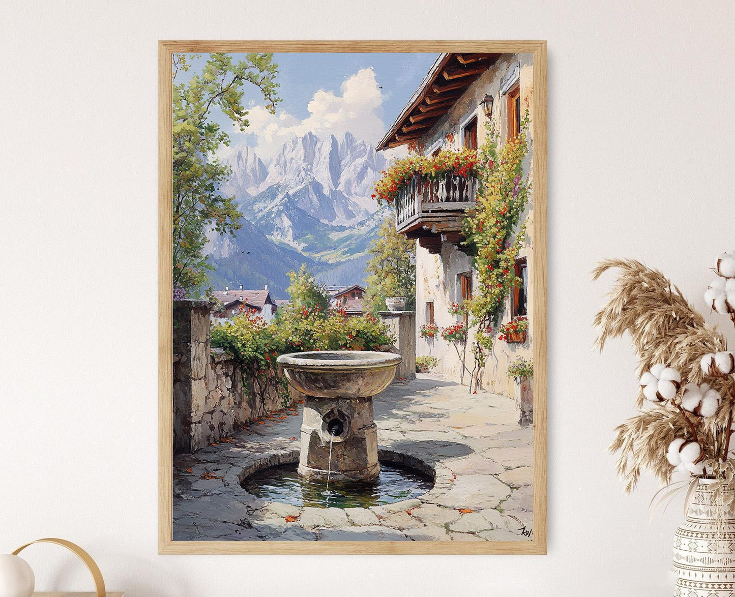 Affiche Bolzano – Poster Art de la Cour avec Pergola et Pics Dolomites