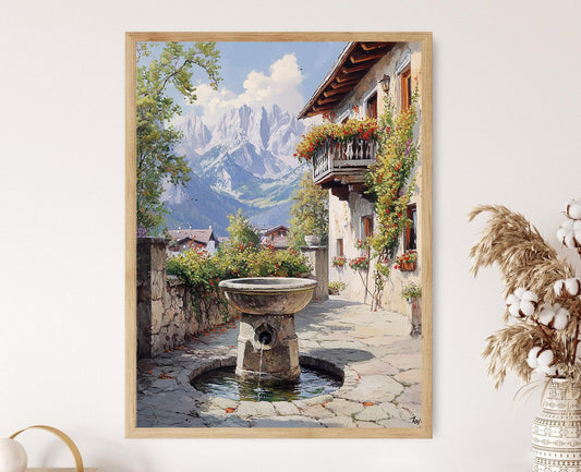 Affiche Bolzano – Poster Art de la Cour avec Pergola et Pics Dolomites