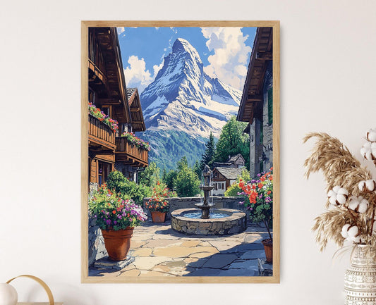 Affiche Zermatt – Imprimé Art de Fontaine en Pierre et Balcons en Bois