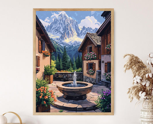 Affiche Chamonix – Poster Fontaine en pierre et sommets du Mont Blanc