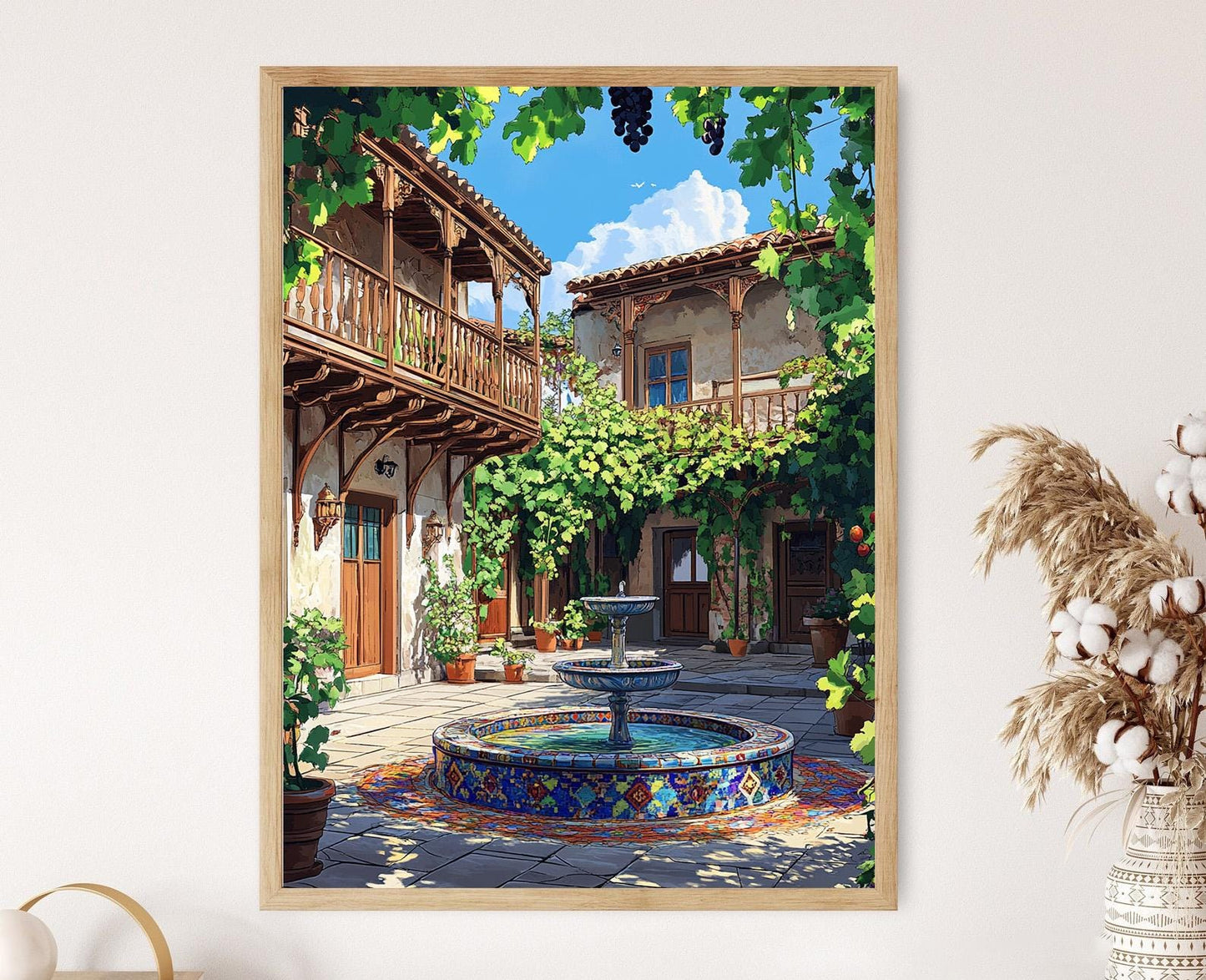 Affiche Tbilissi – Poster Fontaine en mosaïque, balcons en bois, vue sur le Caucase