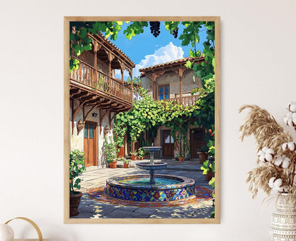 Affiche Tbilissi – Poster Fontaine en mosaïque, balcons en bois, vue sur le Caucase