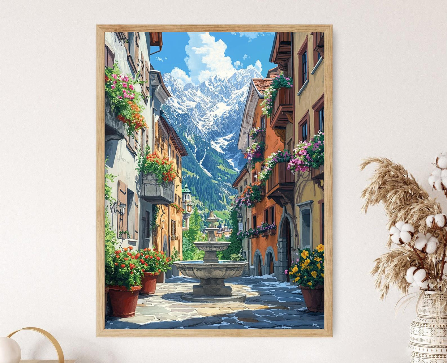 Affiche Innsbruck – Poster Fontaine en pierre, fleurs alpines et sommets montagneux